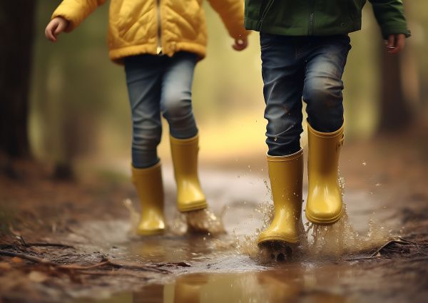 enfants sautent dans les flaques d'eau